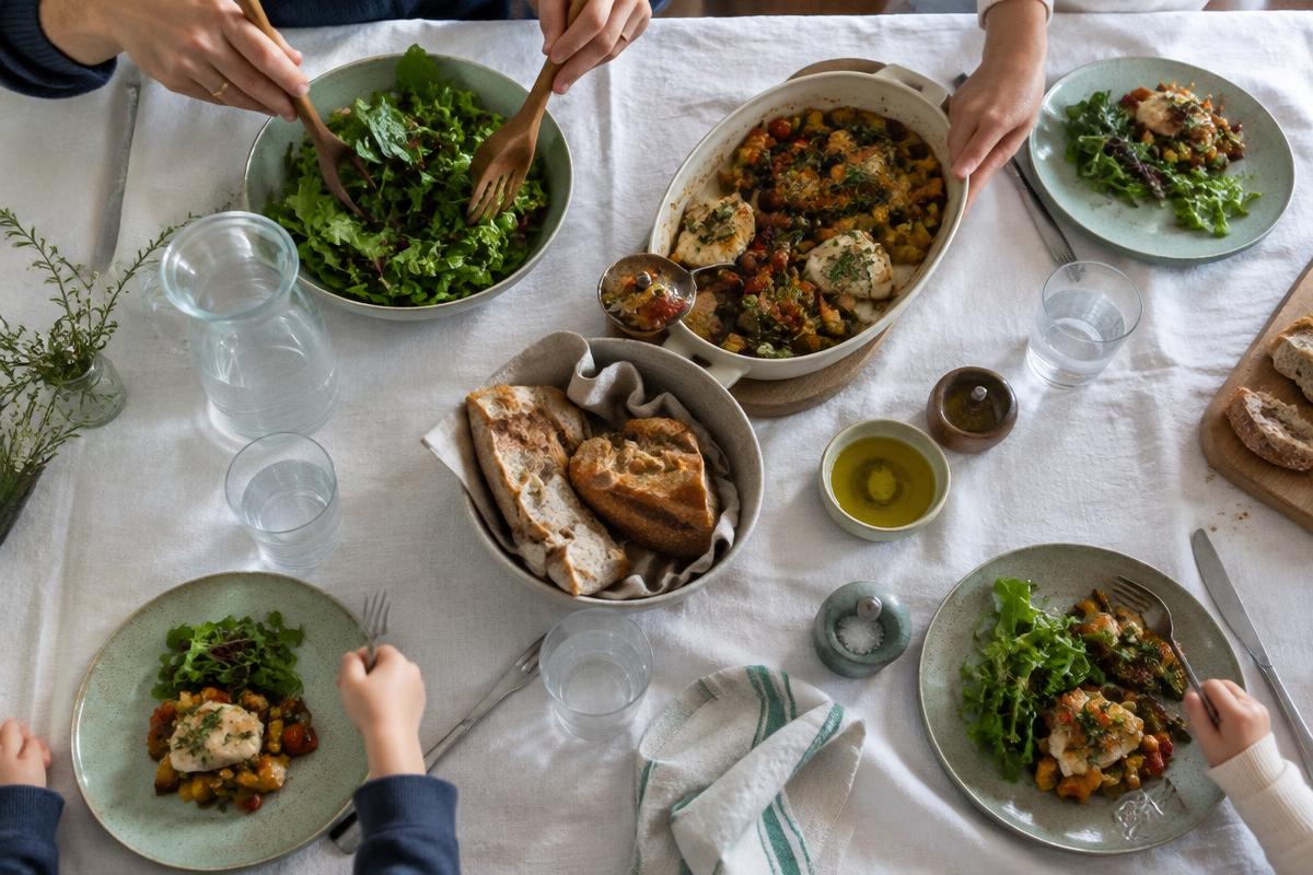 Un repas partagé autour d’une table, sans téléphone